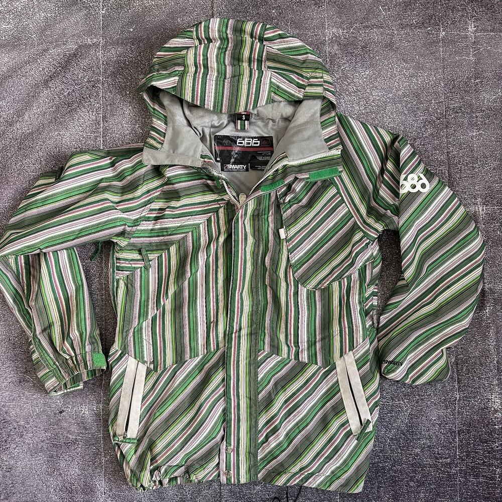 Men's 686 Smarty Green Pink Yellow Striped Snowboard Winter Ski Coat Jacket Sz S